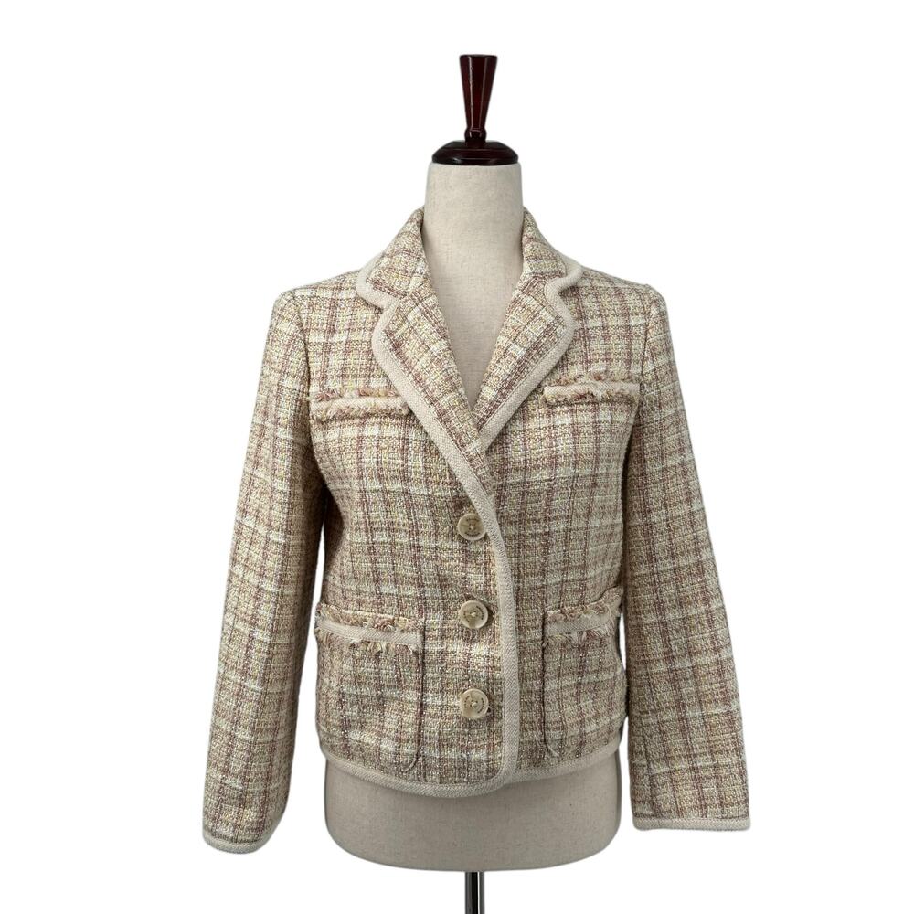 E Land Tweed Boucle Button Down Jacket M 160/84A Pastel Cream Plaid Preppy
